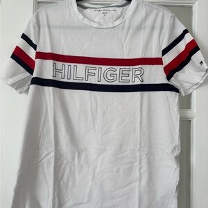 Tommy Hilfiger Men's White T-Shirt with Red and Blue Stripes